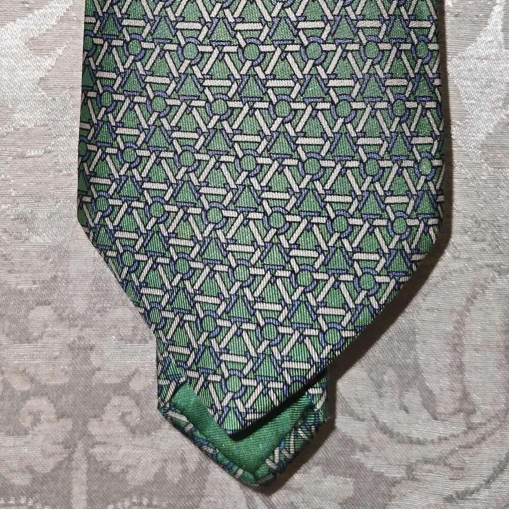 Hermes silk tie necktie pale mint green horsebit triangle geometric Paris 7421HA